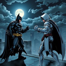An epic showdown between Batman and Moon Knight, set on a gritty urban rooftop at night