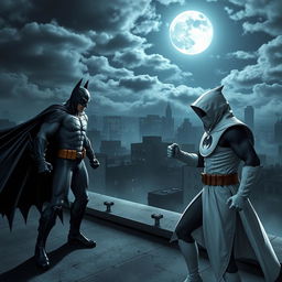 An epic showdown between Batman and Moon Knight, set on a gritty urban rooftop at night
