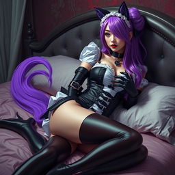 A sexy gothic kitsune anime girl maid with long, vibrant purple hair styled in a bun, playfully pinning you down in a luxurious bed