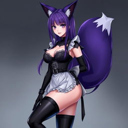 A sexy gothic kitsune anime girl maid with long, striking purple hair styled in a neat bun