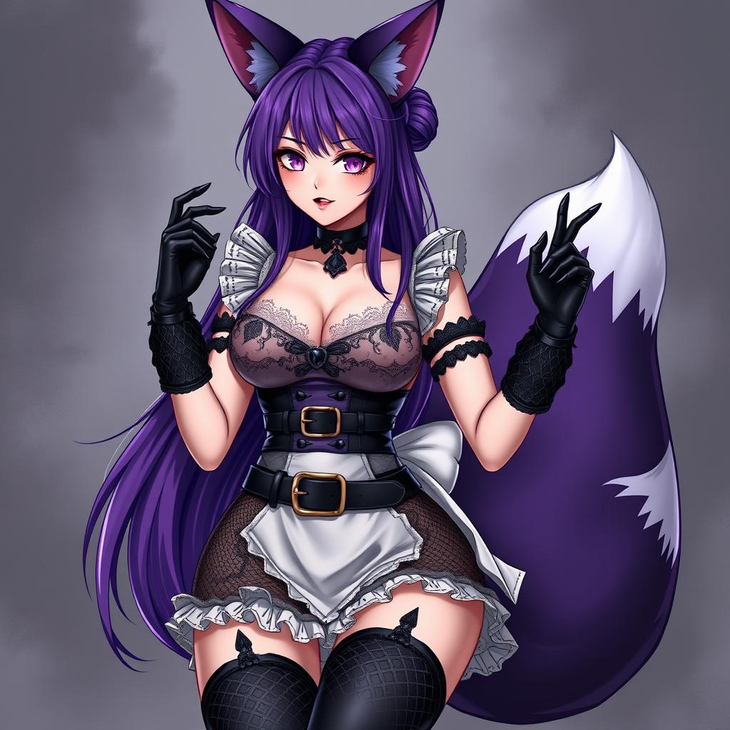 A sexy gothic kitsune anime girl maid with long, striking purple hair styled in a neat bun