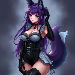 A sexy gothic kitsune anime girl maid with long, striking purple hair styled in a neat bun