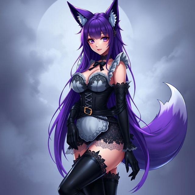 A sexy gothic kitsune anime girl maid with long, striking purple hair styled in a neat bun