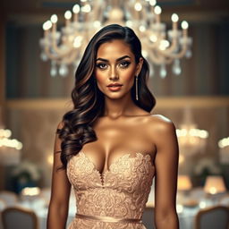 A beautiful woman wearing an elegant evening gown that gracefully covers her cleavage