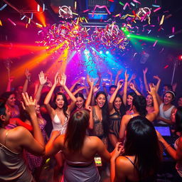 A vibrant and energetic scene depicting a wild party atmosphere, with people dancing exuberantly, colorful lights flashing, and confetti falling from the ceiling