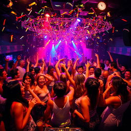 A vibrant and energetic scene depicting a wild party atmosphere, with people dancing exuberantly, colorful lights flashing, and confetti falling from the ceiling