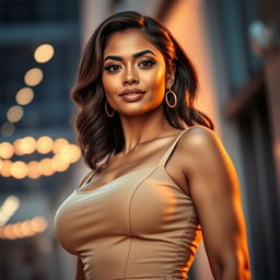 A captivating portrait of a confident woman with a large bust, showcasing her elegance and strength