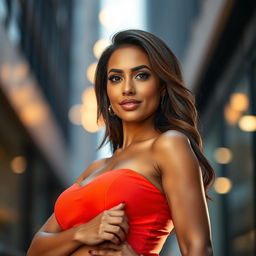 A captivating portrait of a confident woman with a large bust, showcasing her elegance and strength