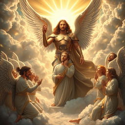A majestic scene in heaven featuring Archangel Michael, portrayed as a powerful warrior with a strong presence, surrounded by other archangels kneeling in reverence