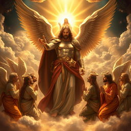 A majestic scene in heaven featuring Archangel Michael, portrayed as a powerful warrior with a strong presence, surrounded by other archangels kneeling in reverence