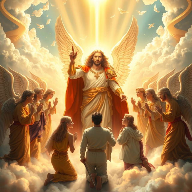 A majestic scene in heaven featuring Archangel Michael, portrayed as a powerful warrior with a strong presence, surrounded by other archangels kneeling in reverence