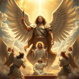 A majestic scene in heaven featuring Archangel Michael, portrayed as a powerful warrior with a strong presence, surrounded by other archangels kneeling in reverence