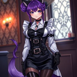 A captivating scene featuring a sexy gothic Kitsune anime girl portrayed as a maid with long, stunning purple hair styled in an elegant bun