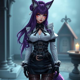 A captivating scene featuring a sexy gothic Kitsune anime girl portrayed as a maid with long, stunning purple hair styled in an elegant bun