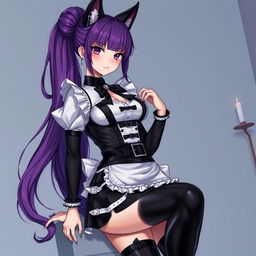 A captivating scene featuring a sexy gothic Kitsune anime girl portrayed as a maid with long, stunning purple hair styled in an elegant bun