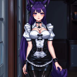 A captivating scene featuring a sexy gothic Kitsune anime girl portrayed as a maid with long, stunning purple hair styled in an elegant bun