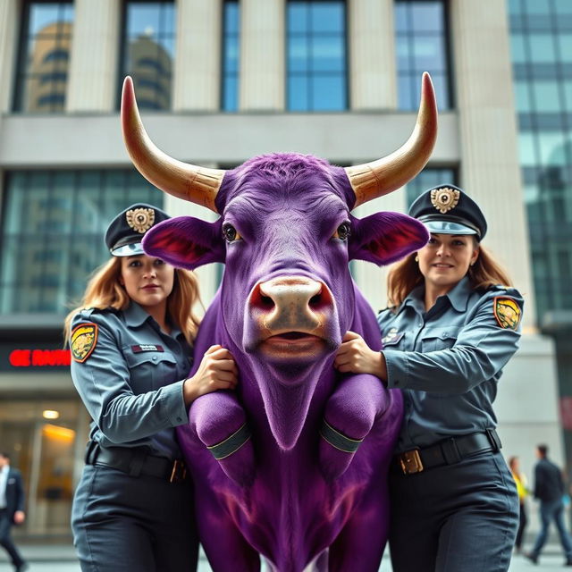 A purple bull being arrested by two female police officers, showcasing a humorous scenario