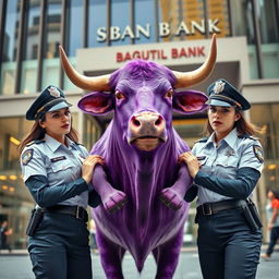 A purple bull being arrested by two female police officers, showcasing a humorous scenario