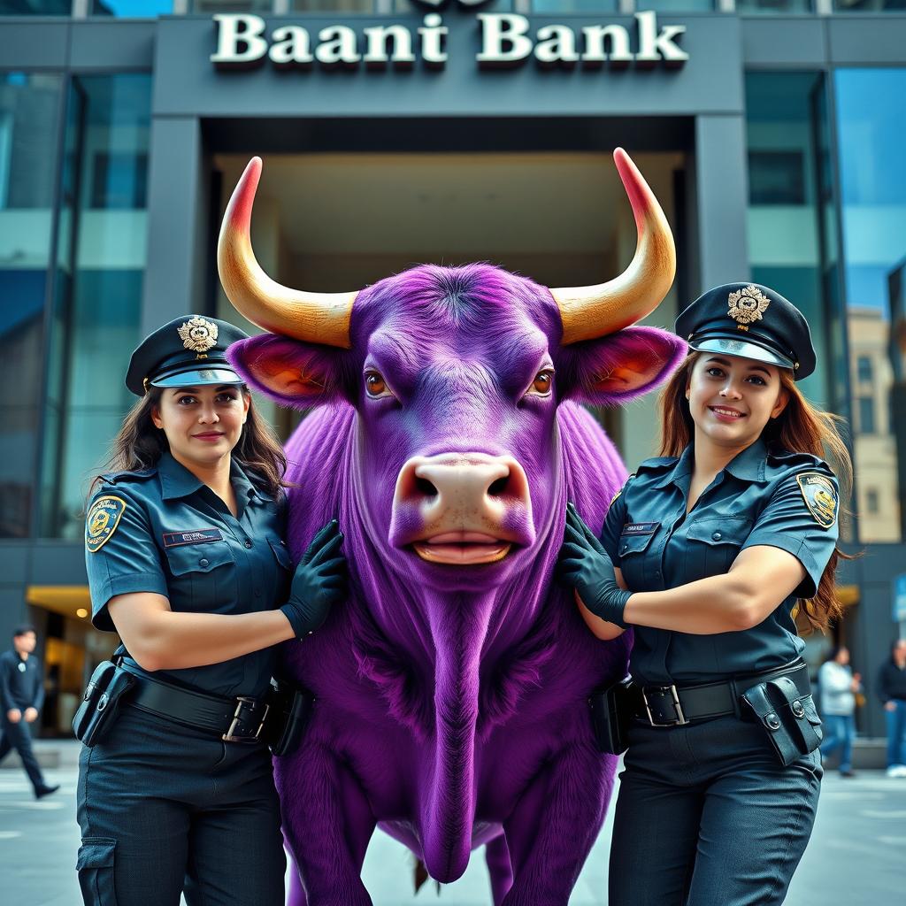 A purple bull being arrested by two female police officers, showcasing a humorous scenario