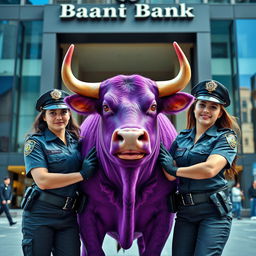 A purple bull being arrested by two female police officers, showcasing a humorous scenario