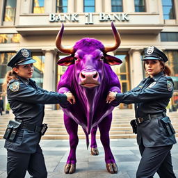 A purple bull being arrested by two female police officers, showcasing a humorous scenario