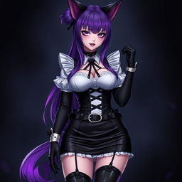 A sexy gothic kitsune anime girl maid with long, eye-catching purple hair styled in a bun