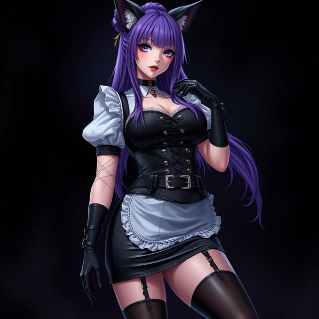 A sexy gothic kitsune anime girl maid with long, eye-catching purple hair styled in a bun