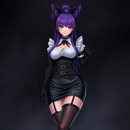 A sexy gothic kitsune anime girl maid with long, eye-catching purple hair styled in a bun