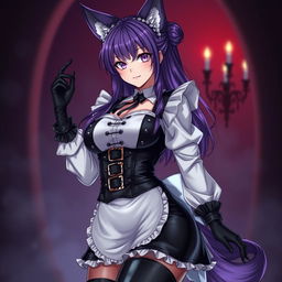 A sexy gothic kitsune anime girl maid with long, eye-catching purple hair styled in a bun