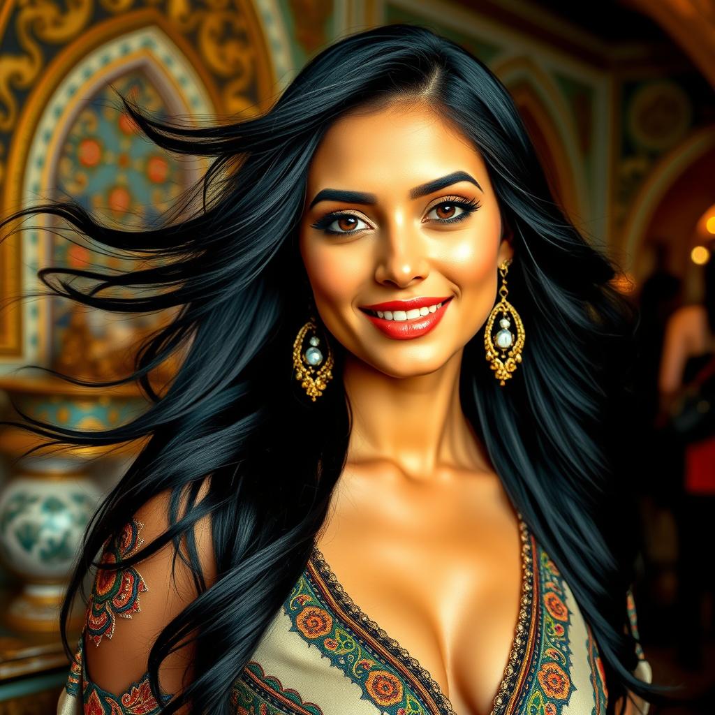 A stunningly beautiful Persian woman with flowing black hair and expressive dark eyes