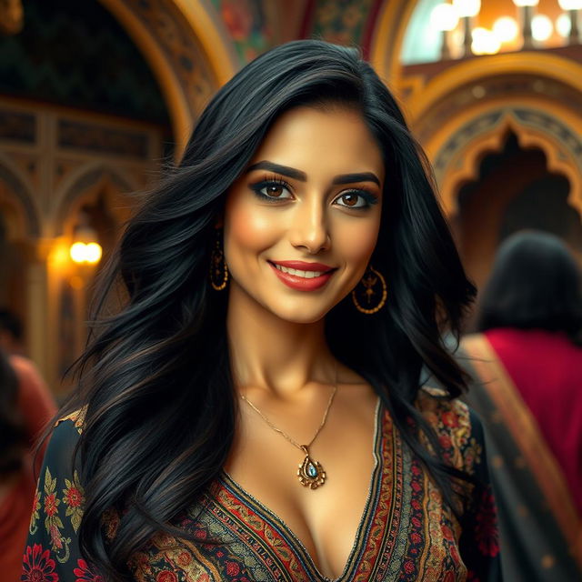 A stunningly beautiful Persian woman with flowing black hair and expressive dark eyes