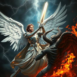 An epic scene of Archangel Michael triumphantly defeating Satan in a dramatic battle