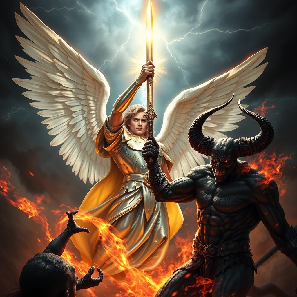 An epic scene of Archangel Michael triumphantly defeating Satan in a dramatic battle