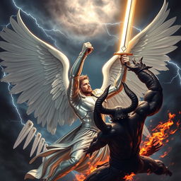 An epic scene of Archangel Michael triumphantly defeating Satan in a dramatic battle