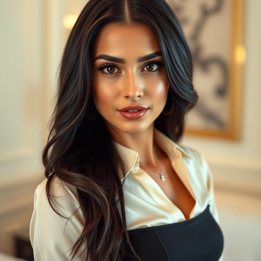 A highly attractive Persian woman with a graceful and confident presence, featuring long dark shiny hair and glowing tan skin