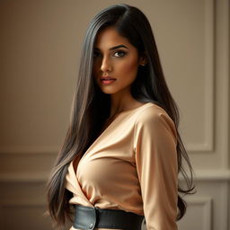 A highly attractive Persian woman with a graceful and confident presence, featuring long dark shiny hair and glowing tan skin