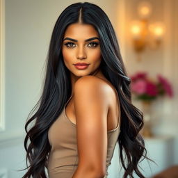 A highly attractive Persian woman with a graceful and confident presence, featuring long dark shiny hair and glowing tan skin