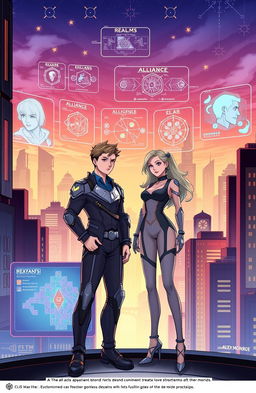 Illustration of Alex Monroe and Elara standing confidently together in a modern, high-tech Gotham cityscape