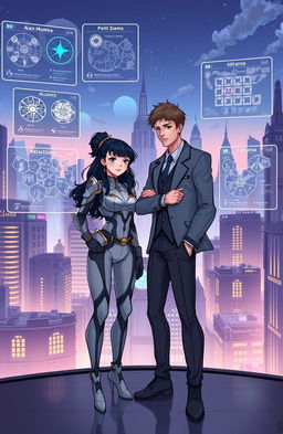 Illustration of Alex Monroe and Elara standing confidently together in a modern, high-tech Gotham cityscape