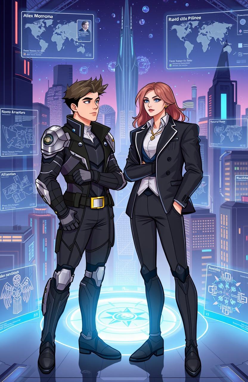 Illustration of Alex Monroe and Elara standing confidently together in a modern, high-tech Gotham cityscape