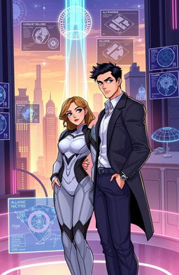 Illustration of Alex Monroe and Elara standing confidently together in a modern, high-tech Gotham cityscape