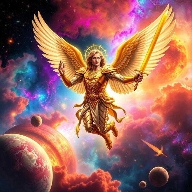 A majestic archangel Michael depicted soaring through the cosmos, surrounded by a vibrant nebula and twinkling stars