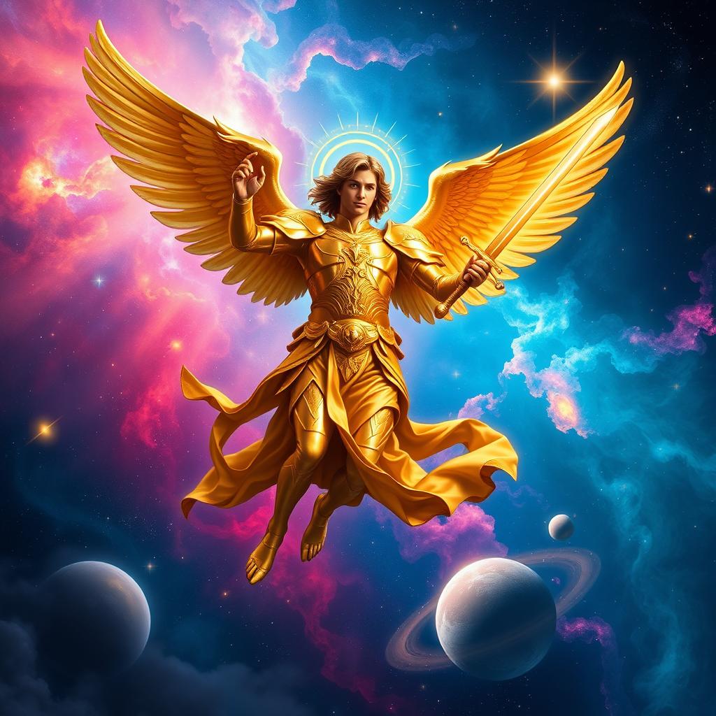 A majestic archangel Michael depicted soaring through the cosmos, surrounded by a vibrant nebula and twinkling stars