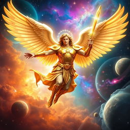 A majestic archangel Michael depicted soaring through the cosmos, surrounded by a vibrant nebula and twinkling stars