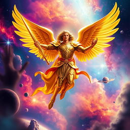 A majestic archangel Michael depicted soaring through the cosmos, surrounded by a vibrant nebula and twinkling stars