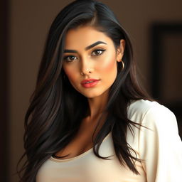 A highly attractive Persian woman with a graceful and confident presence, featuring dark, long, shiny hair and glowing tan skin