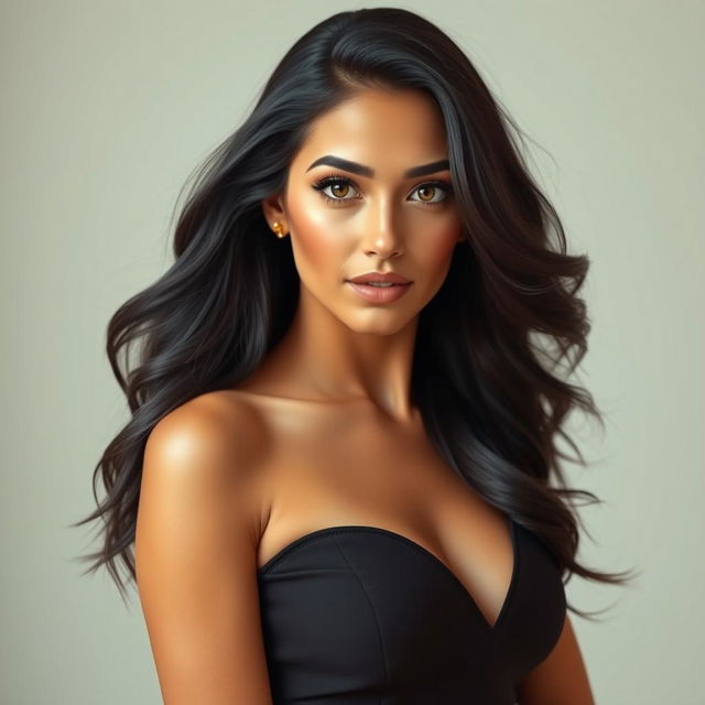 A highly attractive Persian woman with a graceful and confident presence, featuring dark, long, shiny hair and glowing tan skin