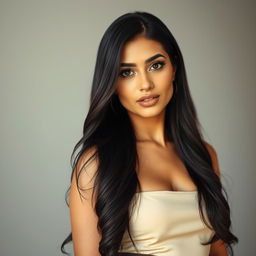 A highly attractive Persian woman with a graceful and confident presence, featuring dark, long, shiny hair and glowing tan skin