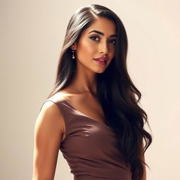 A highly attractive Persian woman with a graceful and confident presence, featuring dark, long, shiny hair and glowing tan skin