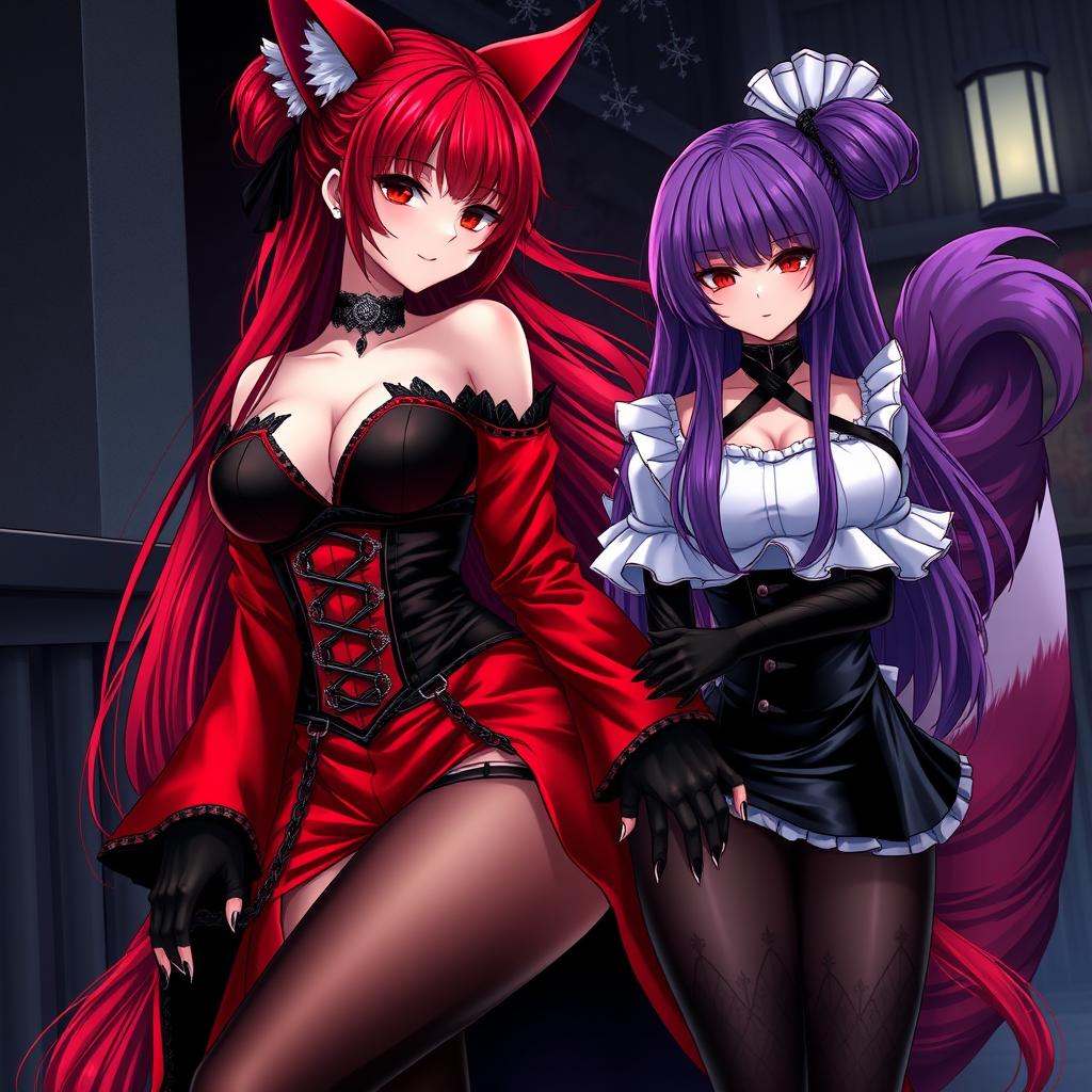 An alluring scene featuring a sexy gothic anime girl represented as a Kitsune, displaying long, seductive red hair flowing down to her lower back, elegantly styled into a bun